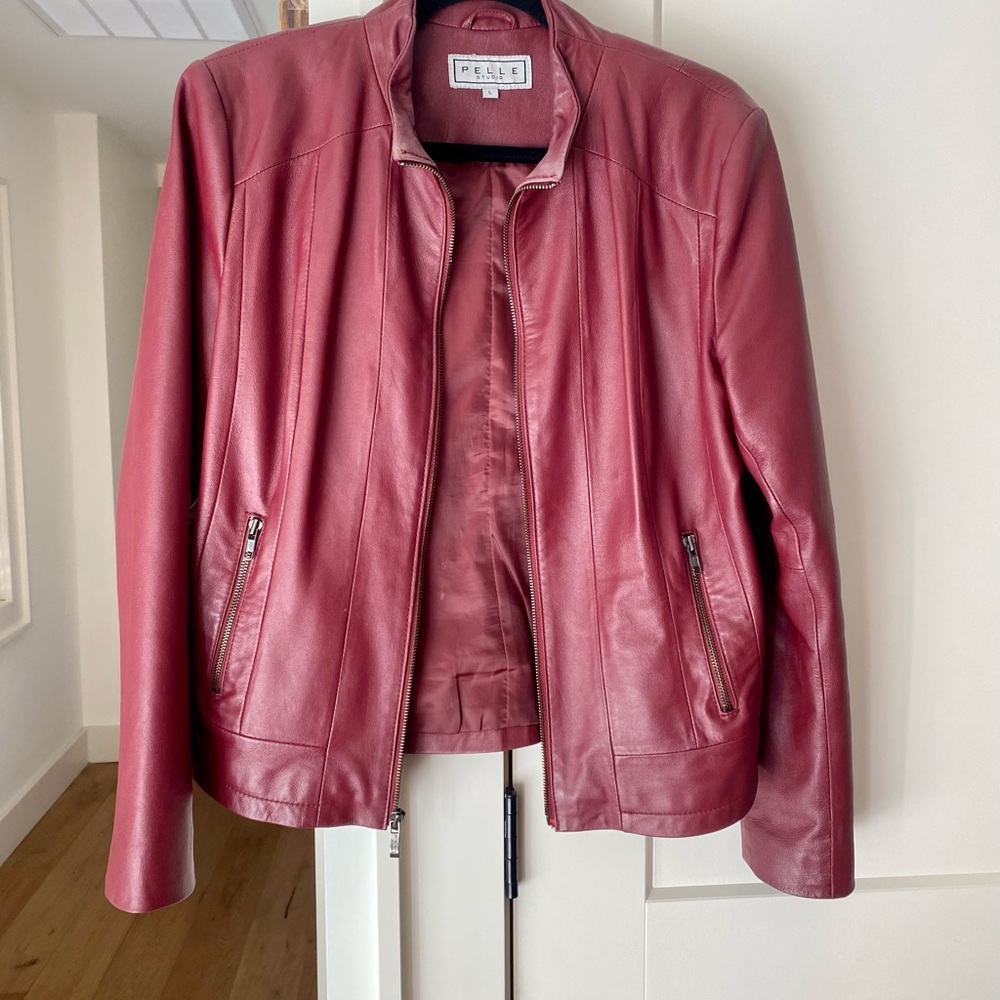 Pelle Studio Genuine Leather Jacket Women’s L Red Moto Zip Front 100% Leather